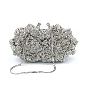 Golden Silver Luxury Crystals Evening Bags Fashion Rose Flower Diamonds Clutch Bags Soiree Purse Women Wedding Bride Handbags thumbnail-1
