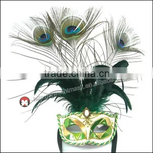 Handmade Very Beauty Half Face Rhinestone Long Peacock Feather Chicken Feather Party Mask thumbnail-1