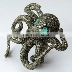 Popular Octopus Design !! Emerald & Diamond 925 Sterling Silver Ring, Online Silver Jewellery, Silver Jewellery thumbnail-3
