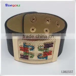 Black Leather Cuff Bracelet Rhinestone Leather Bracelet thumbnail-1