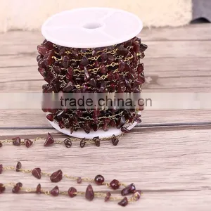 Natural Garnet Chips Nugget Beaded Plated Brass Hand Wired Link Rosary Chains For Necklace Jewelry thumbnail-2
