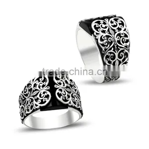 925K Sterling Silver Art Design Carved Men Ring thumbnail-1