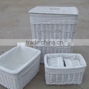 Grey Wash Large Wicker Laundry Basket With Lid, Willow Household Storage Basket- Set of 5 thumbnail-1