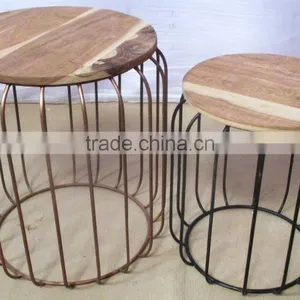 Wooden Iron Furniture Set of 2 Wooden Top Stool thumbnail-1