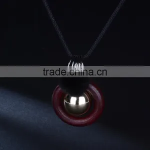 Silver Ball Wood Hoop Pompon Pendant Necklace Korea Retro Long Sweater Necklace Autumn Geometric Necklace thumbnail-3