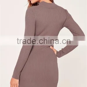 Chinese Factory Ladies Silm Fit Women Longline Knitwear Sweater Purple Zip Up Rib Mini Dress thumbnail-2