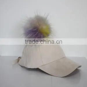 Myfur Man Suede Baseball Cap And Hat With Real Red Fox Fur Pom Puff thumbnail-3