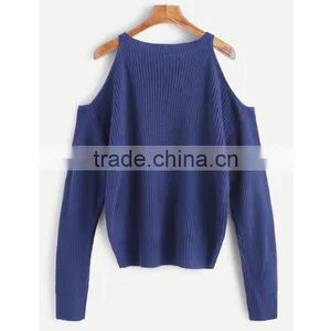 2017 Fall Women Loose Dark Blue Cold Shoulder Knit Sweater thumbnail-2