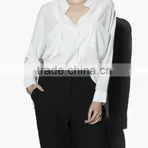 Women Suit Batwing Crepe Long Loose Shirt in White With Deep V Neckline White School Shirt thumbnail-1
