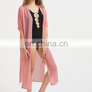 Tassel Tie Front Roll Sleeve Slit Beach Kimono thumbnail-6