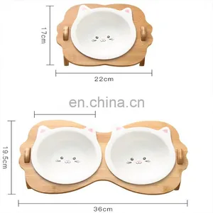 Eco Friendly Custom Designer Luxury Ceramic Stand Elevated Raised Dog Cat Pet Water Food Bowls & Feeders Bamboo Rack Frame thumbnail-5