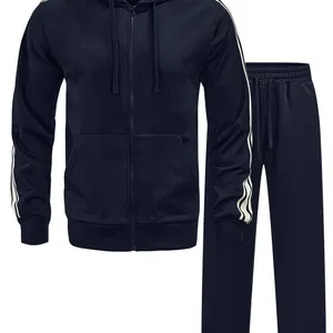 Solid-color Striped Hooded Sweatshirt and Straight-leg Sweatpants Set thumbnail-3