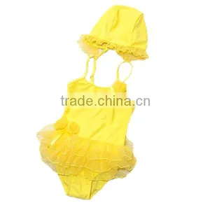 Wholesale Boutique 2016 New Arrival Lovely Baby Girl Swimsuit+cap Yellow Bathing Suit Children Toddlers One Piece Swimwear Kids thumbnail-1