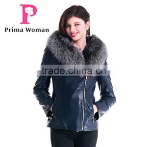 2015 New Design Women Leather Winter Jacket With Short Silver Fox Hat Overcoat thumbnail-1