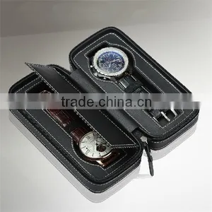 Custom 2 Slot Carbon Fiber/ Leather Travel Watch Storage Box With Zipper thumbnail-3