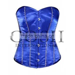 Overbust Steel Boned Corset in Blue Satin With Rhinestones Ci-1113 thumbnail-1