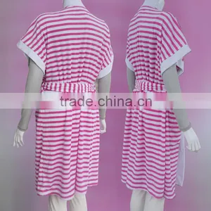 Short Sleeve Women Stripe Fancy Cotton Yarn Dyed Terry Bathrobe thumbnail-3