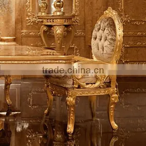 Luxury Gold Leaf Round Dinning Table With Chairs, Exquisite Wood Carved Furniture Dinning Room Set thumbnail-2