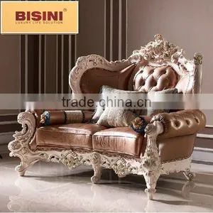 Bisini French Palace Solid Wooden Handcarved Genuine Leather Sofa Set thumbnail-2