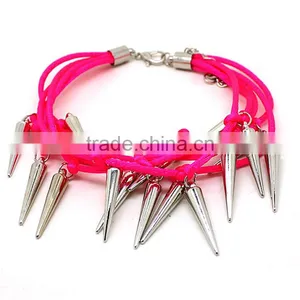 Multi Layered Silver Rivet Charms Neon Silk Cord Bracelet Europe Handmade Punk Style Bracelet thumbnail-1