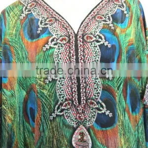 Peacock DIGITAL Print Crepe Silk Kaftan CAFTAN Tunic Poncho Blouse PEACOCK PRINT thumbnail-2
