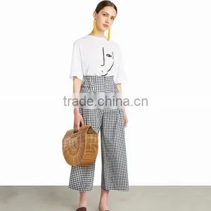 2017Cotton High Waist Women Casual Pants Different Size for Choice Ruffles Plaid White and Black 84620 thumbnail-1