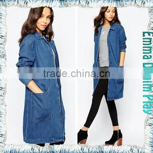 Leisure Ladies Slim Long Sleeves Elongated Denim Overcoats Manufacturer thumbnail-3