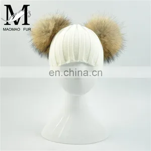 Wholesale Fashion Cheap Kids Knitted Hats Real Fur Two Poms Kids Hat Winter thumbnail-1