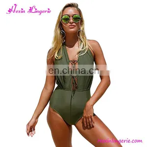 Wholesale Women Bikini One Piece Green Tie Backless Full Body Swimwear thumbnail-2