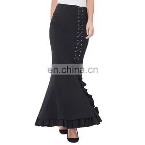 Belle Poque Womens Victorian Style High Stretchy Nylon-Cotton Vintage Retro Ruffled Fishtail Mermaid Black Long Skirt BP000203-1 thumbnail-1