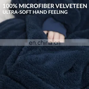 Indoor Bedroom Sleep Navy Soft Material Durable Wearable Hoodie Sherpa Oversized Blanket thumbnail-3