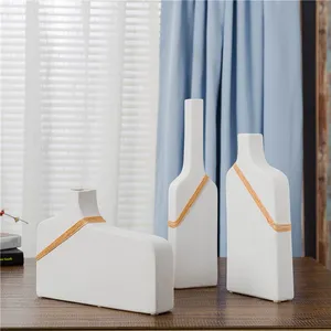 Jingdezhen White Geometry Frosted Hand Woven Rope Ceramic Flower Vase Art Decoration thumbnail-1