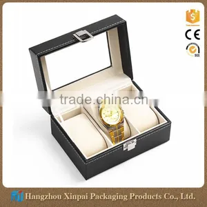 Custom Personalized 3 Slot Black Leather Watch Storage Box With Clear Lid thumbnail-1