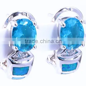 925 Sterling Silver Blue Opal Hoop Earrings Blue Topaz Earring thumbnail-1