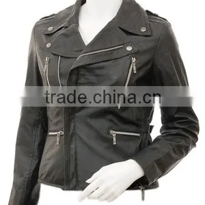 Womens Black Leather Biker Jacket: thumbnail-1