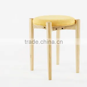 Living Room Furniture Mini Modern Design Round Solid Wood With Fabric Seat Stool thumbnail-3