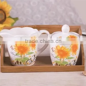 Wholesale Ceramic Creamer and Sugar Canister Set With Bamboo Stand thumbnail-1