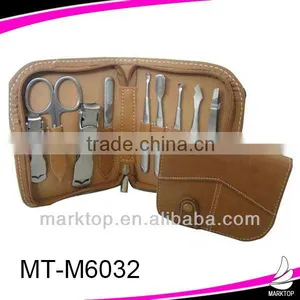 Hot! High End Khaki Leather Case 9PCS Stainless Steel Manicure Set thumbnail-1