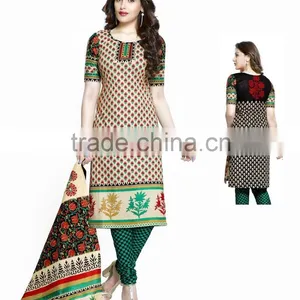 Ethnic Print Design With Beige and Black Color Flower Cotton Dress Material thumbnail-1