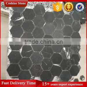 Honed Surface Hexagon Shaped Black Nero Marquina Marble Mosaic Art Floor Tile thumbnail-1