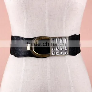 Wholesale Rhinestone Paved Ring Type Alloy Buckle Sex Women Lady Wide PU Waist Belt thumbnail-1