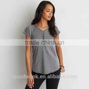 Tagless Comfort Lace up Raglan Scoop Bottom Women t Shirt With Distressed thumbnail-1