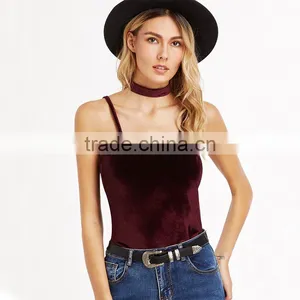 Velvet V-neck Top With Choker, Ladies Sexy Tank Top thumbnail-4
