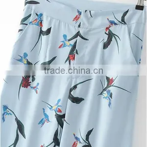 2017 China Wholesale Cotton Women Long Trousers Printed Bird Pattern Light Blue Pants Trousers thumbnail-5