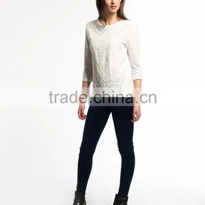 2016 Guangzhou Shandao Wholesaler High Quality Latest Autumn Casual 3/4 Sleeve Round Neck Embroidered Cotton Girl's Stylish Top thumbnail-3