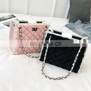 Women Plush Handbag Shopping Bags Large Capacity Tote Diamond Lattice Winter Faux Fur Chain Bag New Contrast Color Crossbody Bag thumbnail-2