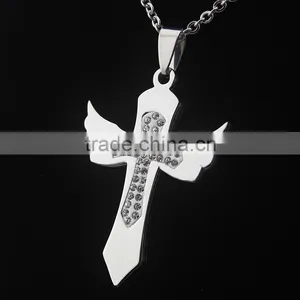 Diamond Cross Pendant Necklace Angel Wings Cross Charms Wholesale thumbnail-3