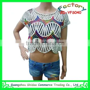 Latest Design Fashion Sleeveless Mesh Neck Lace Elegant White Embroidery Blouse thumbnail-3