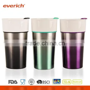 14oz / 400ml Double Wall Colorful Coffee Ceramic Mug With Cover With S/S Outside thumbnail-1