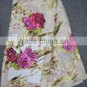 African Cream Silk Lace Fabric With Velvet Flowers in China Quality Choice thumbnail-1